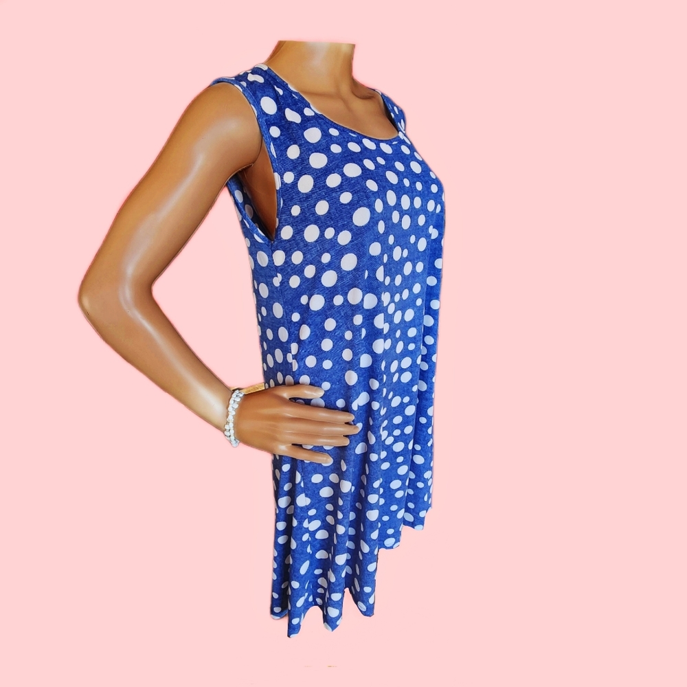 Sleeveless SJS Polka Dot Swing Dress Denim Blue and White NWOT Size